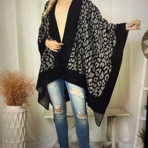 Women's Black and Gray Leopard Print Sweater Poncho